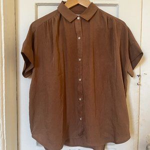 Everlane Washable Brown Silk Short Sleeve Blouse Size 2